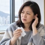 香港成年女士感冒期間拿着紙巾並輕觸耳朵，留意耳塞與聽力變化