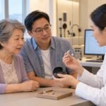 年長助聽器用戶與家人一起聆聽專業人員示範耳背式助聽器及充電盒