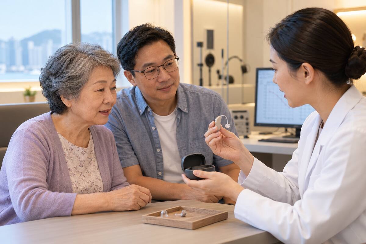 年長助聽器用戶與家人一起聆聽專業人員示範耳背式助聽器及充電盒