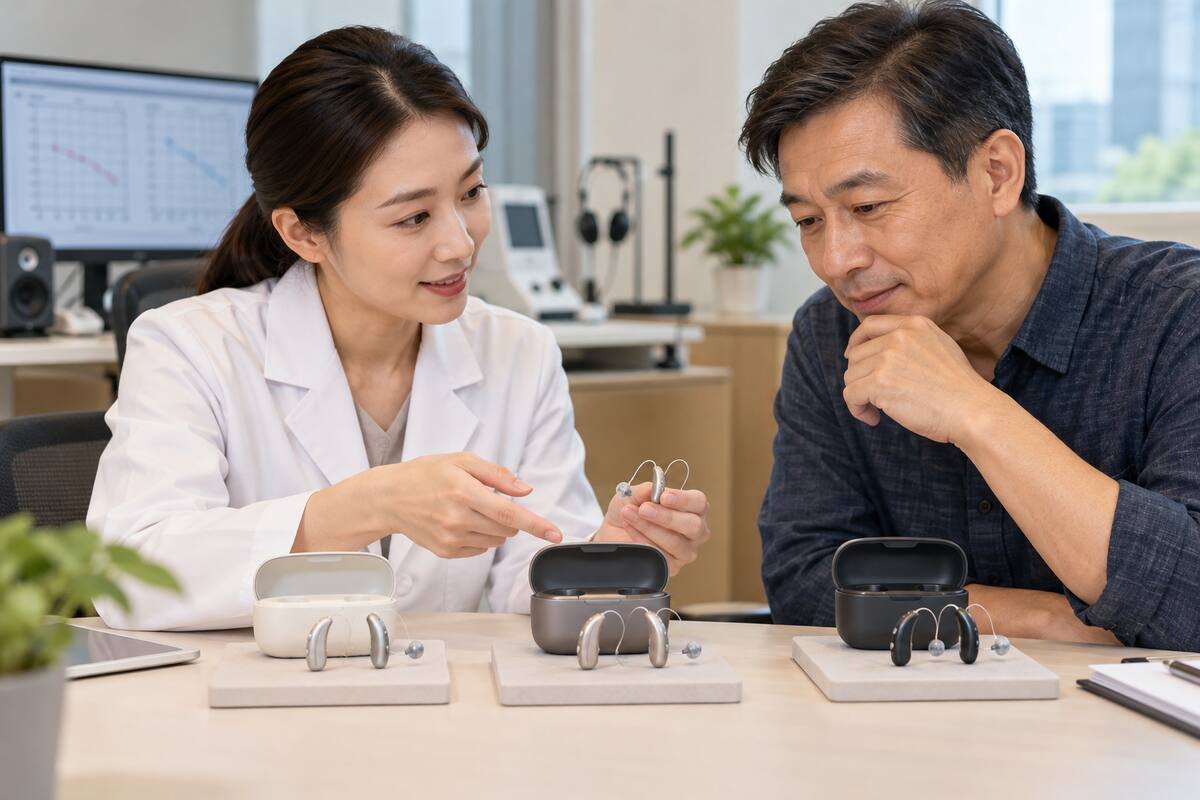 香港成年用戶與聽力專業人員比較三組無品牌耳背式助聽器及充電盒