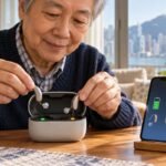 香港長者把兩部無品牌充電式助聽器放入充電盒並比較手機顯示的左右電量