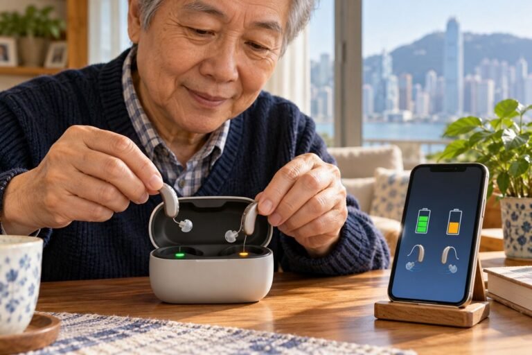 香港長者把兩部無品牌充電式助聽器放入充電盒並比較手機顯示的左右電量