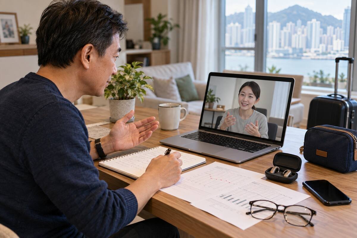 香港用戶在家透過視像整理聽力報告、助聽器資料與北上行程