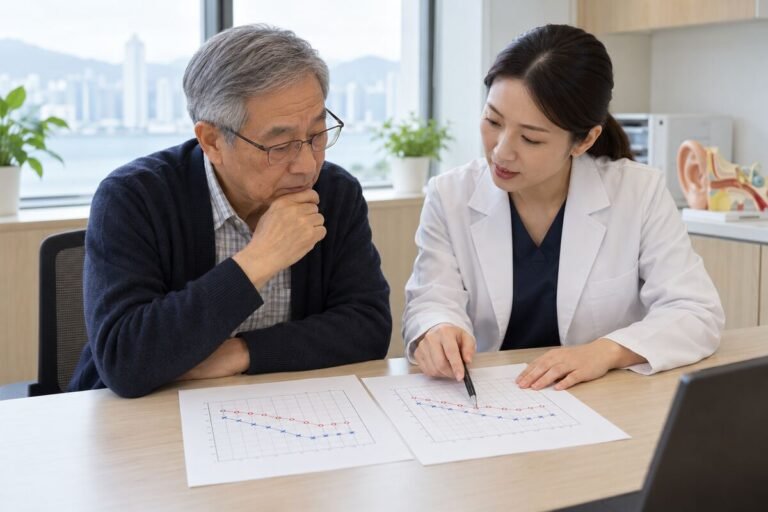 香港長者與聽力專業人員在桌上比較兩份聽力圖的變化